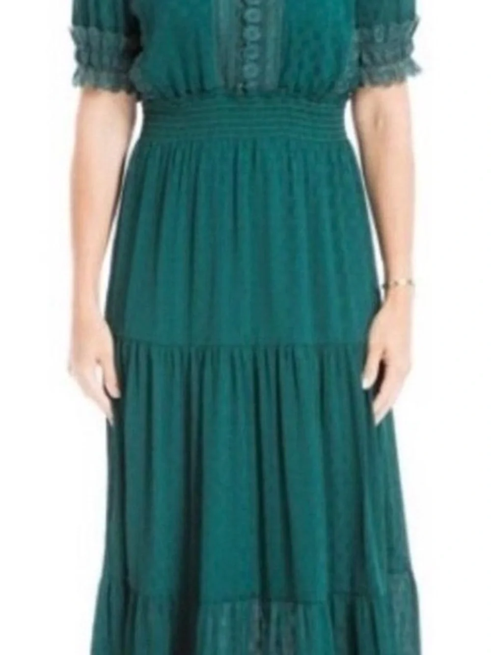 Max Studio Emerald Sheer Lace Satin Polka Dot Tiered Maxi Dress Forest Goddess - Picture 2 of 16